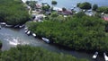 Aerial view of the mangrove forest on Junggut Batu, Nusa Lembongan. There are several fisherman`s houses around there. White sand