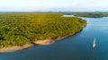 Aerial view of mangrove forest and river Flows into the sea with sailboat Royalty Free Stock Photo