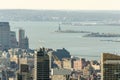 Aerial View of Manhattan Buildings, Skyscrapers, Hudson River and Lady Liberty Statue. New York City Skyline Royalty Free Stock Photo