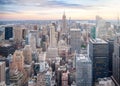 Aerial view of Manhattan skyline, skyscraper in New York City at sunset in evening Royalty Free Stock Photo