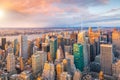 Aerial view of Manhattan skyline at sunset, New York City