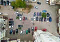 Aerial view of many colorful cars parked on public parking lot Royalty Free Stock Photo