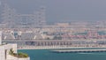 Aerial view of many luxury villas and hotels on the Palm Jumeirah island in Dubai timelapse. UAE Royalty Free Stock Photo