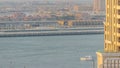 Aerial view of many luxury villas and hotels on the Palm Jumeirah island in Dubai timelapse. UAE Royalty Free Stock Photo