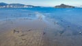 Aerial view of many Shellfish gatherers working on the estuary beach by the blue water