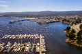 Aerial view of many yachts docked by the coastline in Monterey Bay Aquarium, in central California