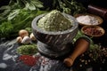 aerial view of a marble mortar with fresh herbs and spices Royalty Free Stock Photo