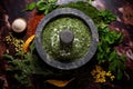 aerial view of a marble mortar with fresh herbs and spices Royalty Free Stock Photo