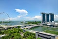 Singapore, Marina Bay, aerial view with Singapore Fleyer, Marina Bay Sands Hotel and Gardens by the Bay and ArtScience Museum Royalty Free Stock Photo