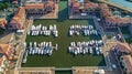 Aerial view of marina with boats and yachts on port of modern residential district from above Royalty Free Stock Photo