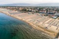 Aerial view of the Marina di Pietrasanta beach in the early morning, Tuscany, Italy