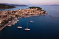 Aerial view marina of Ermioni at twilight, Aegean sea. Royalty Free Stock Photo