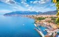 Aerial view of Marina Grande, cliff coastline Sorrento and Gulf of Naples, Italy. Bunches of lemons on foreground