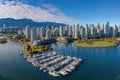 Aerial view of a marina in Vancouver, British Columbia, Canada, Aerial Panorama of Downtown City at False Creek, Vancouver,