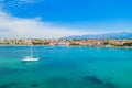 Aerial view of marina and waterfront in the town of Novalja on the island of Pag, Croatia