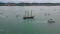 Aerial view marine harbour with ships. Many yachts floating cloudy deep sea Royalty Free Stock Photo