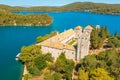 Aerial view of marine salt lakes in Mljet Island with Benedictine monastery