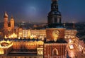 Aerial view of the Market Square in Krakow, Poland at night Royalty Free Stock Photo