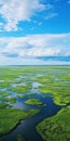 Aerial View Of Serene Swampland With Green Waters And Blue Sky