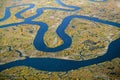 Aerial view of marsh, wetland abstraction of salt and seawater, and Rachel Carson Wildlife Sanctuary in Wells, Maine