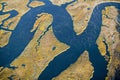 Aerial view of marsh, wetland abstraction of salt and seawater, and Rachel Carson Wildlife Sanctuary in Wells, Maine