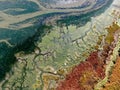 Aerial view of marshland at the harbour's edge with vivid colours and semiabstract patterns