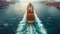 Aerial view of a massive cargo ship on a vast body of water