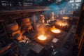 Aerial view of a massive steel mill, with molten metal being poured into molds, sparks flying, and heavy machinery at work