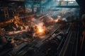 Aerial view of a massive steel mill, with molten metal being poured into molds, sparks flying, and heavy machinery at work