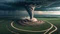 Aerial view of a massive tornado forming over a circular field pattern Royalty Free Stock Photo