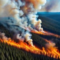 Aerial view of massive wildfire or forest fire with burning trees and orange
