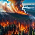 Aerial view of massive wildfire or forest fire with burning trees and orange