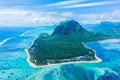Aerial view of Mauritius island panorama and famous Le Morne Brabant mountain, beautiful blue lagoon and underwater waterfall Royalty Free Stock Photo