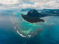 Aerial view of Mauritius island panorama and Le Morne Brabant mountain, lagoon and underwater waterfall Royalty Free Stock Photo