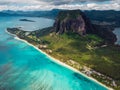 Aerial view of Mauritius island panorama and Le Morne Brabant mountain and lagoon Royalty Free Stock Photo