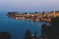 Aerial view on Mayan village along lake Atitlan during sunset, San Pedro la Laguna, Guatemala