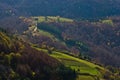 Aerial view of meadows and rolling hills in autumn, Bobija mountain Royalty Free Stock Photo