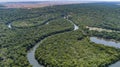 Aerial view of a meandering Amazon tributary river and agricultural land, Brazil