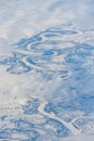 Aerial view of a meandering river in the tundra