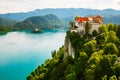 Aerial view of mediaeval Bled castle on the cliff of the mountain under lake Bled with turquoise blue water in Slovenia Royalty Free Stock Photo