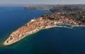 Aerial view of mediaeval coastal town Piran in Slovenia Royalty Free Stock Photo