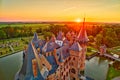 Aerial view of the medieval castle De Haar at sunset in Netherlands, Europe