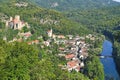 Aerial view of medieval castle Hardegg and town with river Dyje