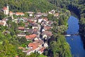 Aerial view of medieval castle Hardegg and town with river Dyje,summer Royalty Free Stock Photo