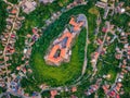 Aerial view of medieval castle Palanok, Mukachevo Munkacs, Transcarpathia Zakarpattia, Ukraine. Summer landscape Royalty Free Stock Photo