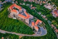 Aerial view of medieval castle Palanok, Mukachevo Munkacs, Transcarpathia Zakarpattia, Ukraine. Summer landscape Royalty Free Stock Photo