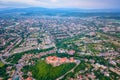 Aerial view of medieval castle Palanok, Mukachevo Munkacs, Transcarpathia Zakarpattia, Ukraine. Summer landscape Royalty Free Stock Photo