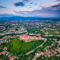 Aerial view of medieval castle Palanok, Mukachevo Munkacs, Transcarpathia Zakarpattia, Ukraine. Summer landscape Royalty Free Stock Photo