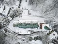 Aerial view of medieval church in Kaliningrad former Konigsberg, Russia in winter with snow. top view