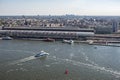 Aerial view medieval city Amsterdam with harbor central railway station